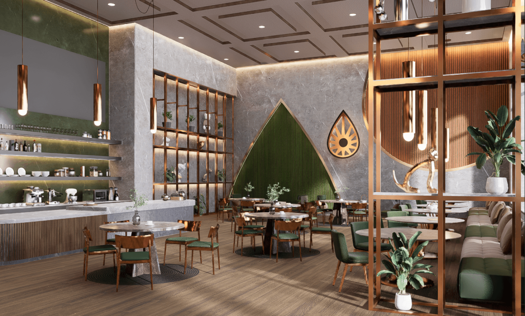 Franchise fit-up and test-fit design support – modern café franchise interior with 3D photorealistic rendering